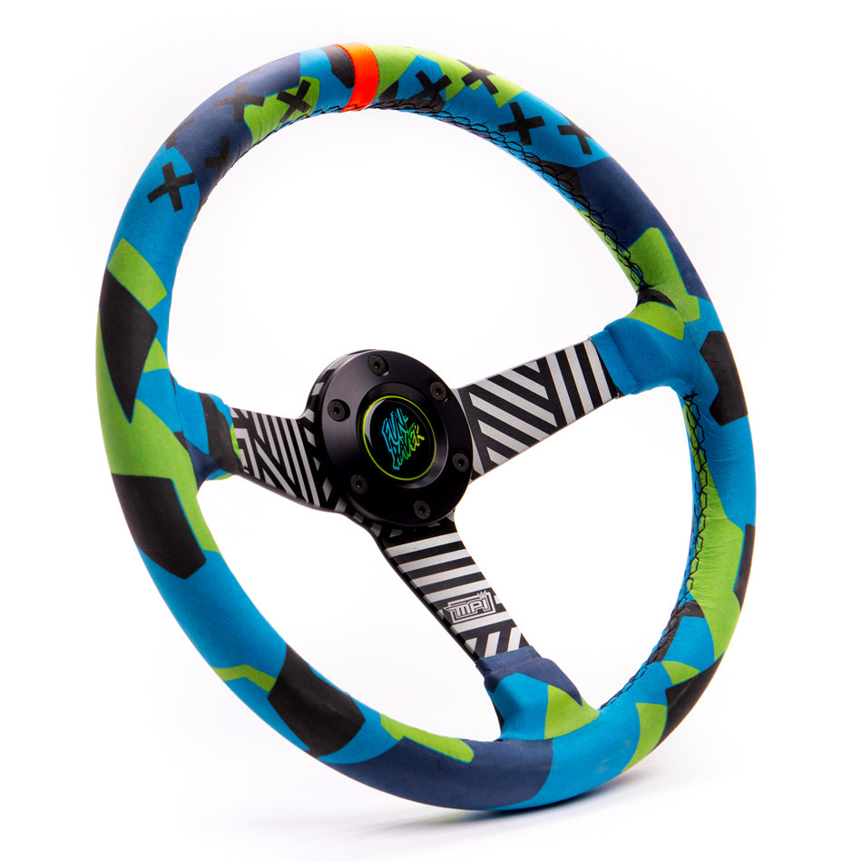 MPI Vaughn Gittin Jr. Drift Steering Wheel - 13.75" Diameter - 3 Spoke - 2.36" Dish - Blue/Green Suede Grip - Orange Stripe - Center Cap - Aluminum - Black/White