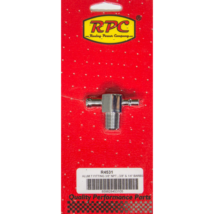 Racing Power Adapter Tee Fitting 1/2" NPT Male x 1/2" Hose Barb x 1/2" Hose Barb Aluminum Chrome