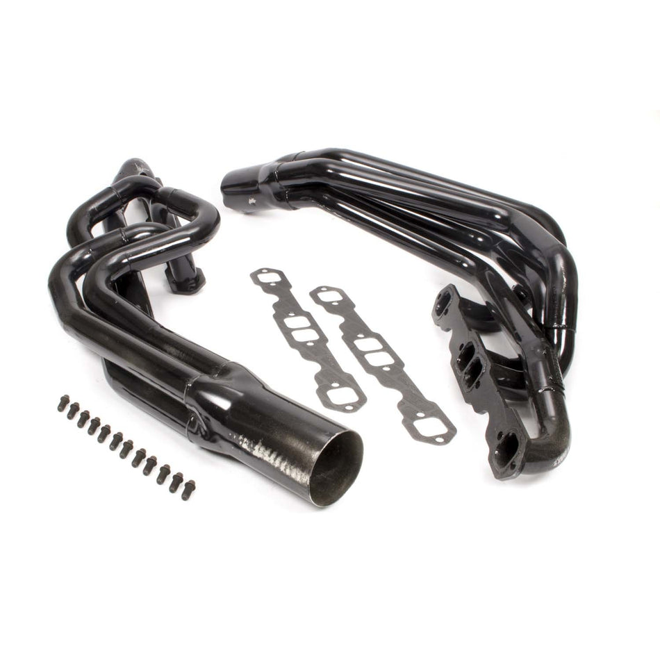 Schoenfeld Conventional Crossover Headers - 1.625 to 1.75 in Primary - 3.5 in Collector - Black Paint - Small Block Chevy 135V - Pair