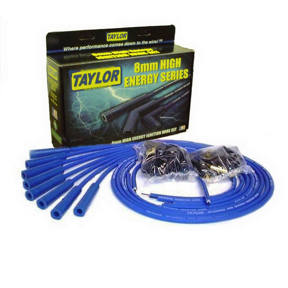 Taylor High Energy Spiral Core 8 mm Spark Plug Wire Set - Blue - Straight Plug Boots - HEi / Socket Style - Cut-To-Fit - V8