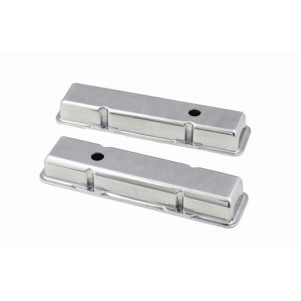 Mr. Gasket Valve Cover - Stock Height - Baffled - Breather Hole - Cast - Polished - Small Block Chevy