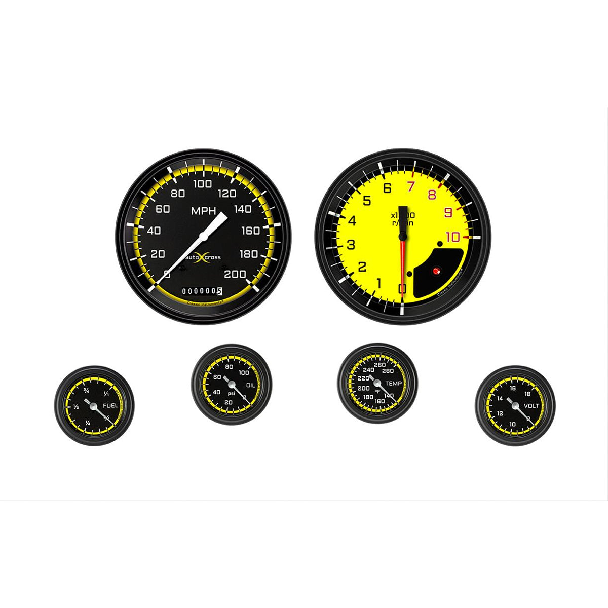 Classic Instruments AutoCross Gauge Kit - Full Sweep - Low Step Black Bezel - Black/Yellow Face