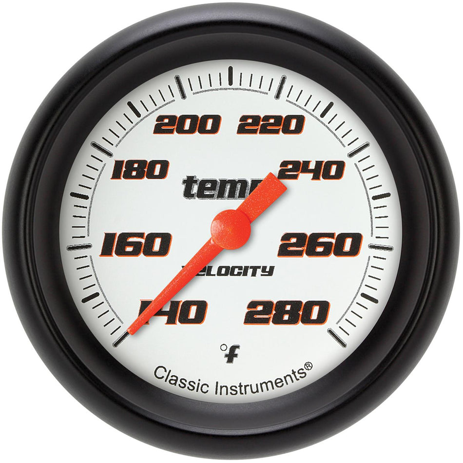 Classic Instruments Velocity 140-280 Degrees F Water Temperature Gauge - Electric - Analog - Full Sweep - 2-5/8 in Diameter - 1/4 in NPT Thread Sender - Flat Black Bezel - Flat Lens - White Face