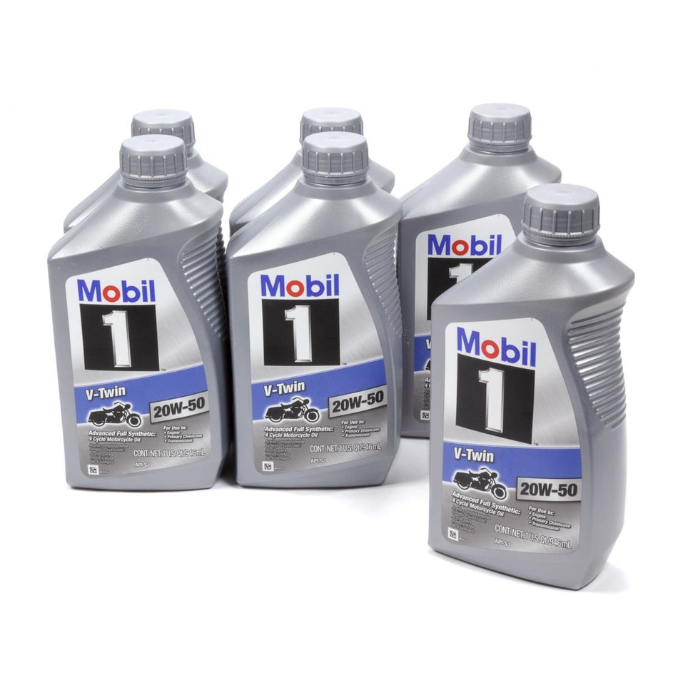 Mobil 1 V-Twin Synthetic 20W50 Motor Oil - 1 Quart Bottle - V-Twin Motorcycles - Set of 6