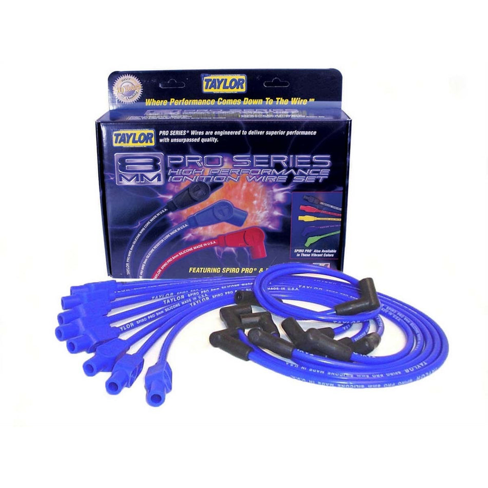 Taylor Spiro-Pro Spiral Core 8 mm Spark Plug Wire Set - Blue - Straight Plug Boots - HEI Style Terminal - Small Block Mopar