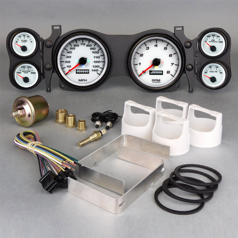 New Vintage USA Performance Gauge Kit Analog Fuel Level/Oil Pressure/Speedometer/Tachometer/Voltmeter/Water Temperature White Face - GM F-Body 1970-78