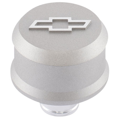 Proform Push-In Slant-Edge Breather - 1-1/4 in Hole - Raised Polished Bowtie Logo - Gray Crinkle Powder Coat