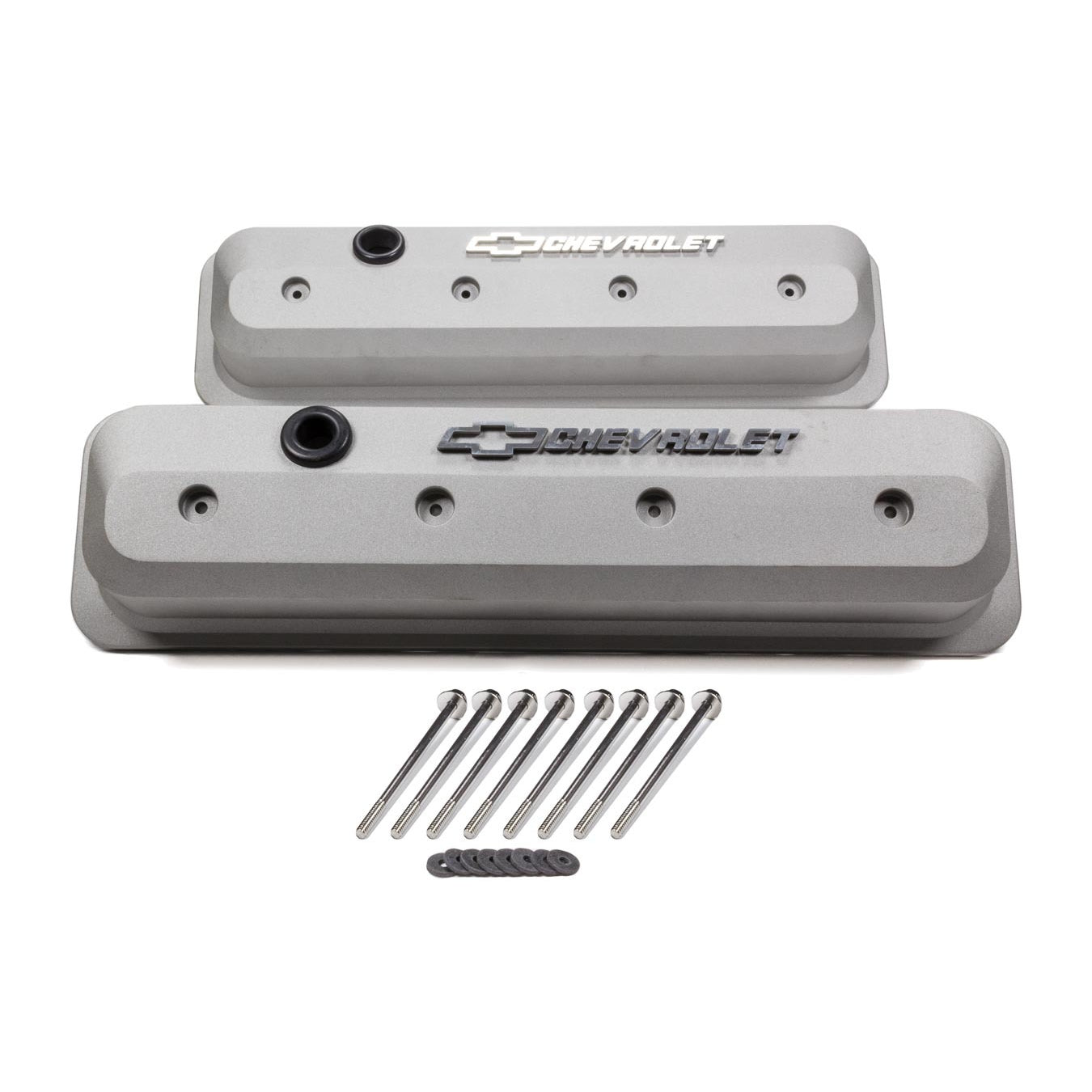 Proform Performance Parts Slant-Edge Valve Covers Tall Baffled Breather Hole - Raised Polished Chevrolet Logo - Gray Crinkle