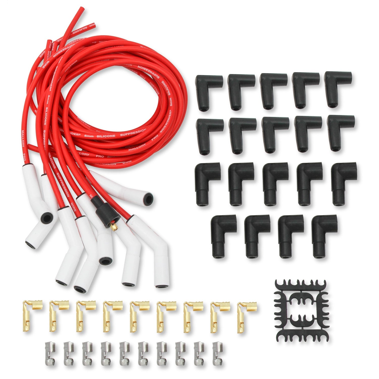 Mallory Pro Sidewinder Spiral Core 8 mm Spark Plug Wire Set - Red - 135 Degree Plug Boots - HEI / Socket Style - Universal