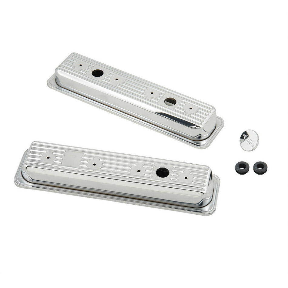 Mr. Gasket Valve Cover - Stock Height - Baffled - Breather Hole - Chrome - Center Bolt - Small Block Chevy
