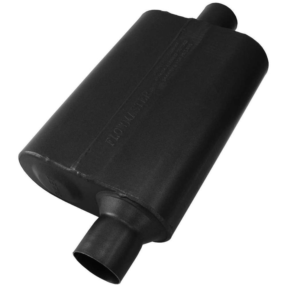 Flowmaster 40 Delta Flow Muffler - 2-1/2 in Offset Inlet - 2-1/2 in Center Outlet - 13 x 9-3/4 x 4 in Oval Body - 19 in Long - Black Paint - Universal 842541