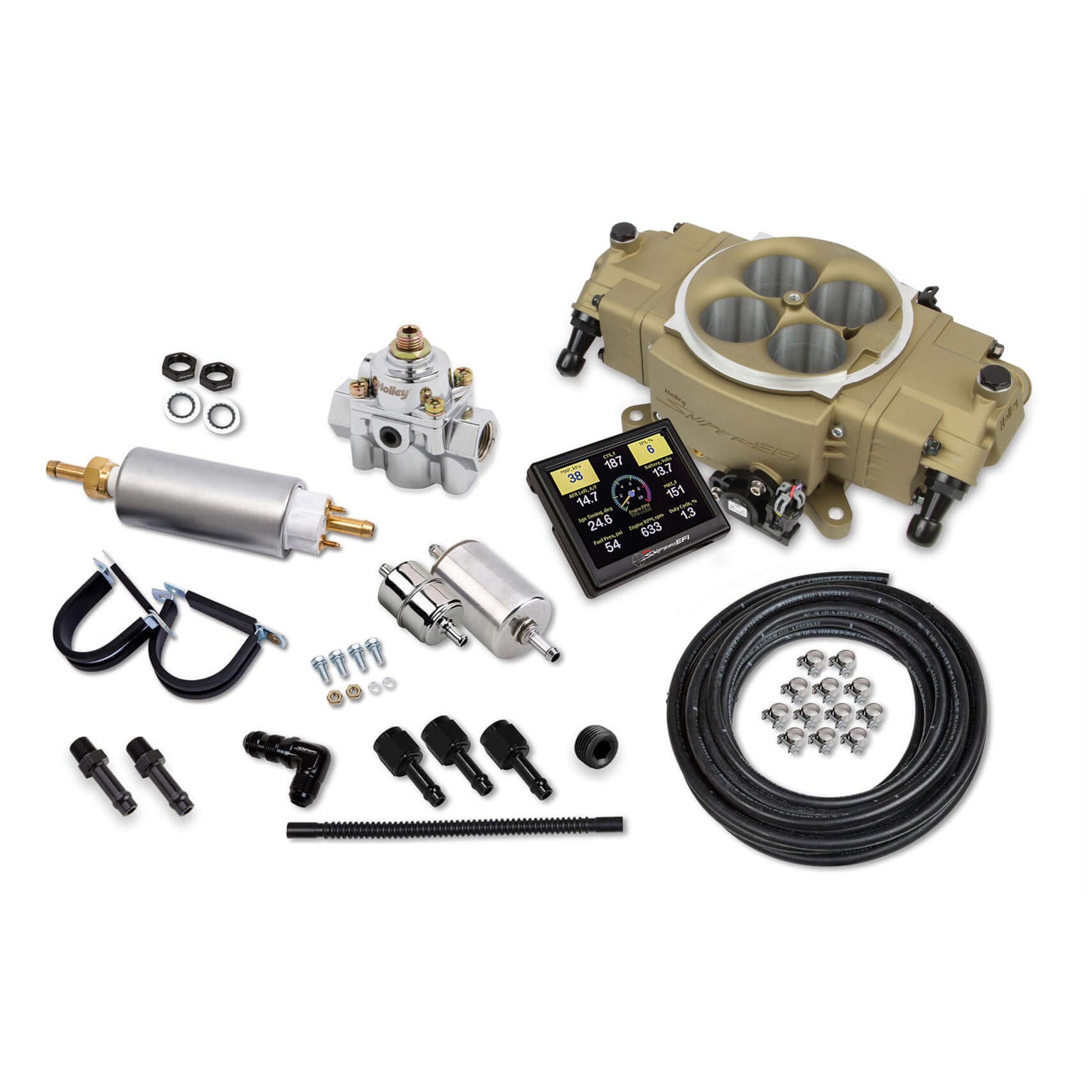 Holley Terminator X Stealth Fuel Injection System - Throttle Body - Square Bore - Fitting/Clamp/Hose - Aluminum - Gold
