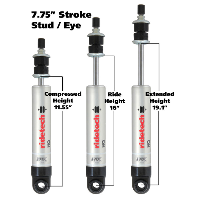 RideTech HQ Series Shock Monotube 11.55" Compressed/19.10" Extended 1.50" OD - Single Adjustable