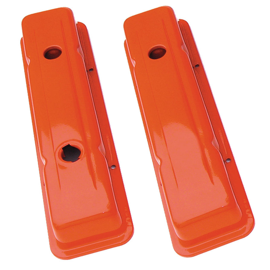 Trans-Dapt Valve Cover - Stock Height - Baffled - Breather Holes - Orange Powder Coat - Small Block Chevy - Pair