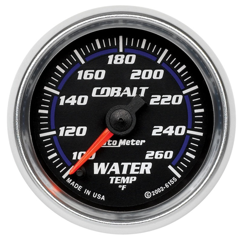 Auto Meter Cobalt 100-260 Degree F Water Temperature Gauge - Electric - Analog - Full Sweep - 2-1/16 in Diameter - Black Face