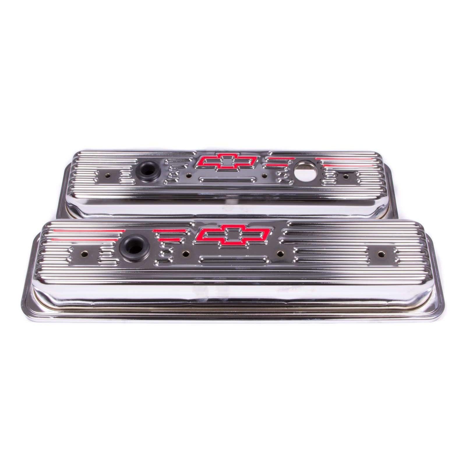 Proform Short Valve Cover - Baffled - Breather Hole - Chevy Bowtie Logo - Chrome - Center Bolt - Small Block Chevy - Pair