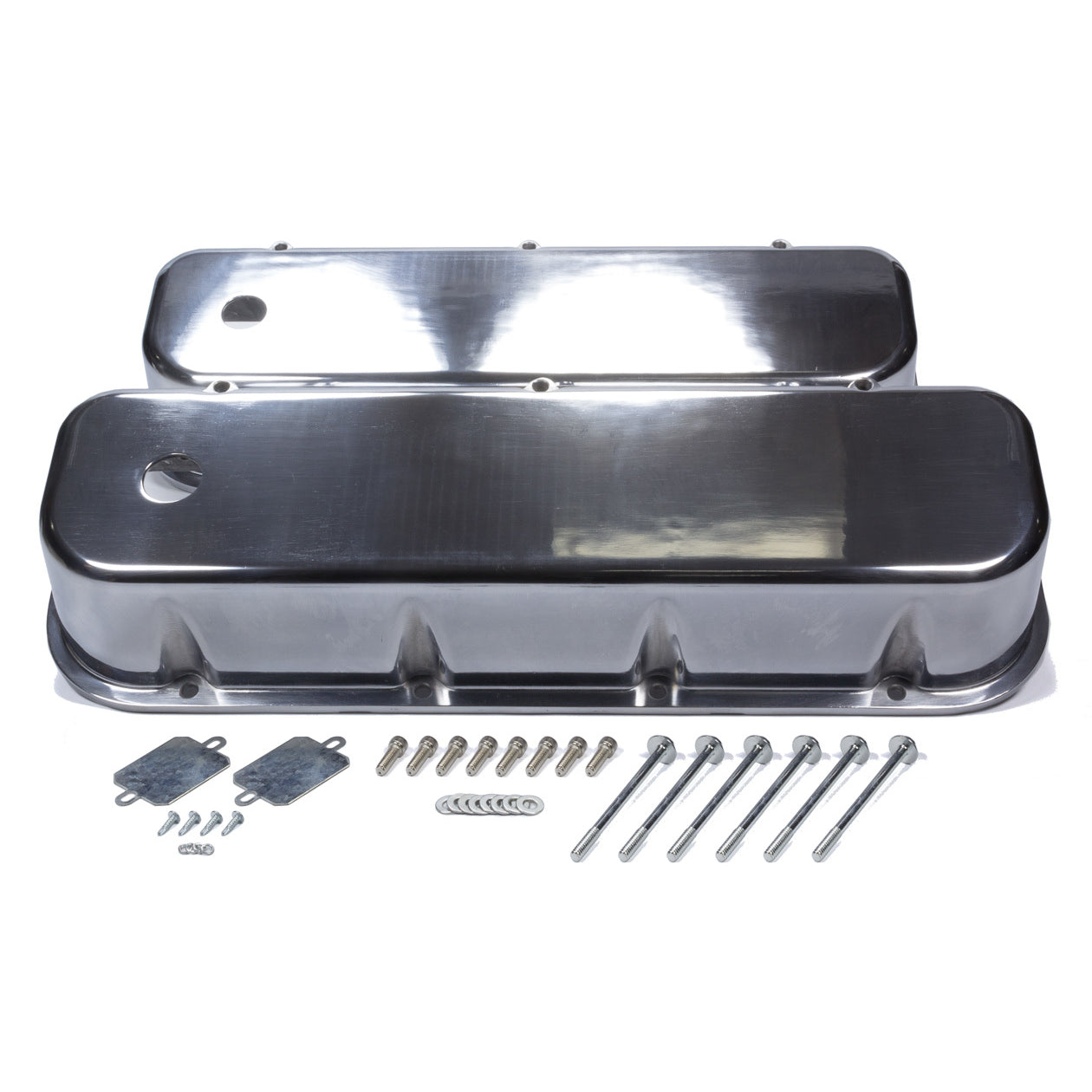 Mr. Gasket BBC Cast Alm Valve Cover Set Tall w/Hole Polished