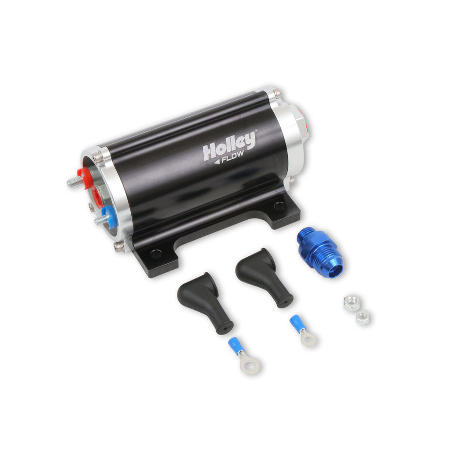Holley Electric Fuel Pump - In-Line - 100 gph at 8 psi - 8 AN O-Ring Female Inlet - 6 AN O-Ring Female Outlet - Black - E85/Diesel/Gas
