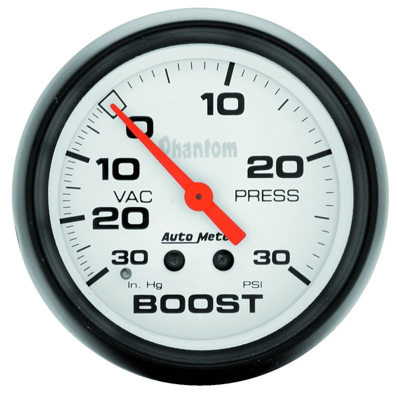 Auto Meter Phantom 30 in HG-30 psi Boost / Vacuum Gauge - Mechanical - Analog - 2-5/8 in Diameter - White Face