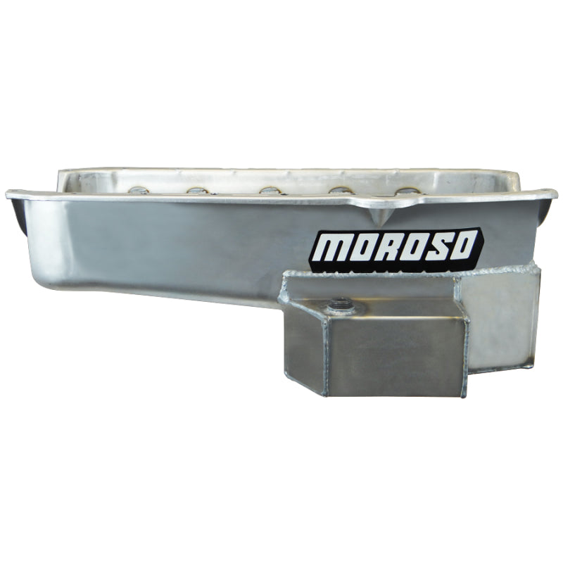 Moroso Road / Drag Race Rear Sump Oil Pan - 7 Quart - 7.5 in Deep - 4-Bolt Caps - Zinc Plated - 2 Piece Seal - Driver Side Dipstick - Small Block Chevy