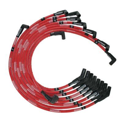 Moroso Ultra Spiral Core 8 mm Spark Plug Wire Set - Sleeved - Red - 135 Degree Plug Boots - HEI Style Terminal - Big Block Ford