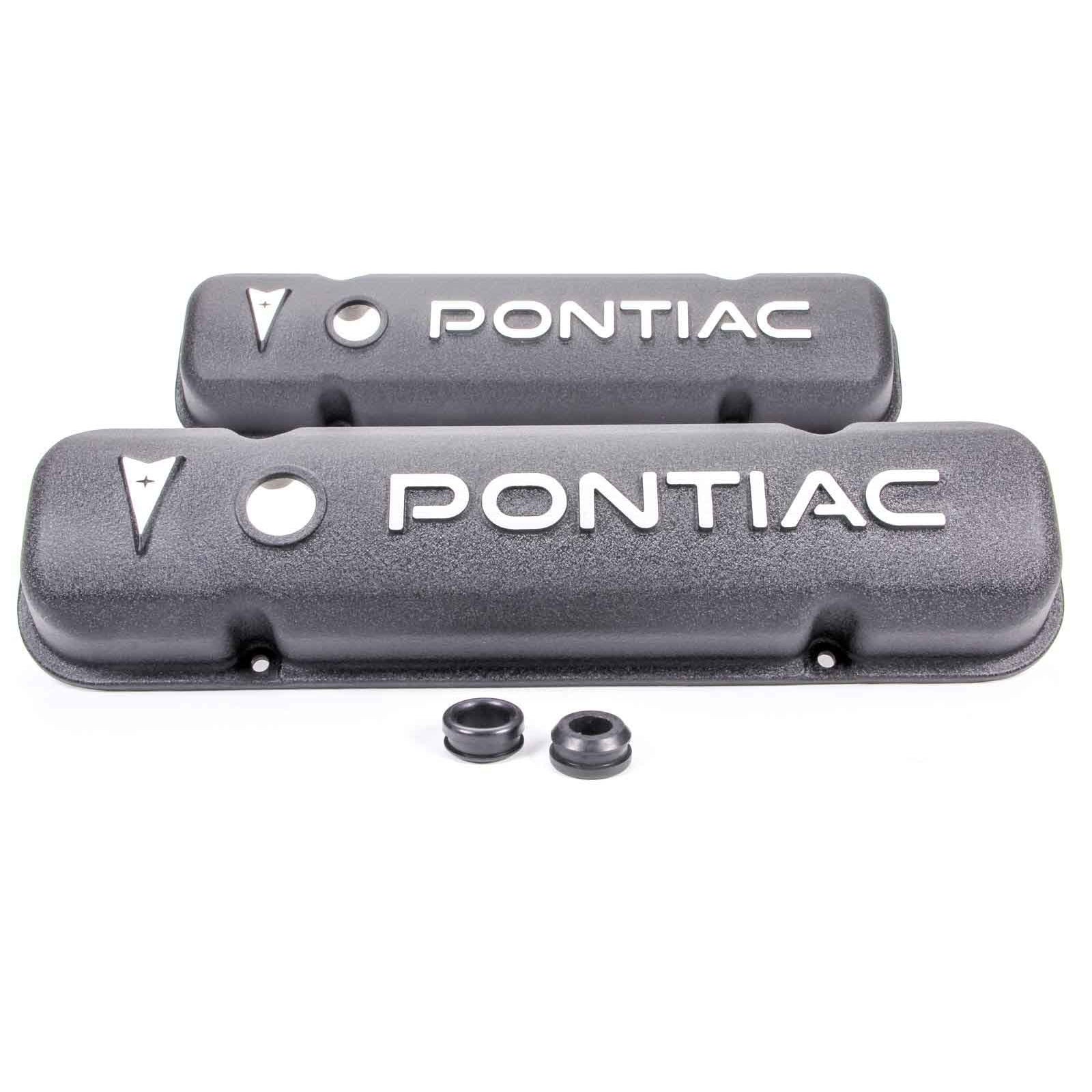 Racing Power Stock Height Valve Covers Breather Holes Pontiac Logo Aluminum - Black Paint