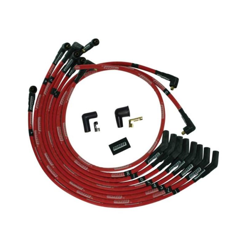 Moroso Ultra Spiral Core Spark Plug Wire Set - 8 mm - Sleeved - Red - 135 Degree Plug Boots - Socket Style - Small Block Ford