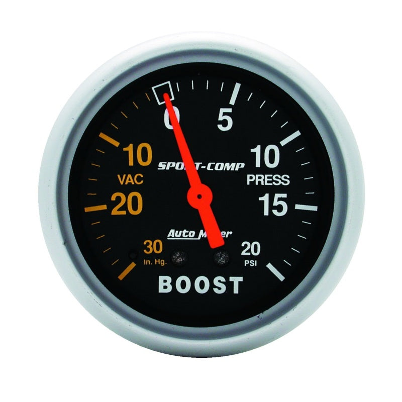 Auto Meter Sport-Comp 30 in HG-20 psi Boost / Vacuum Gauge - Mechanical - Analog - 2-5/8 in Diameter - Black Face