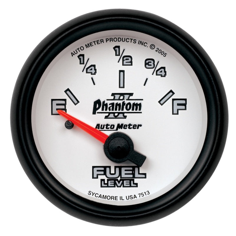 Auto Meter Phantom II 0-90 ohm Fuel Level Gauge - Electric - Analog - Short Sweep - 2-1/16 in Diameter - White Face