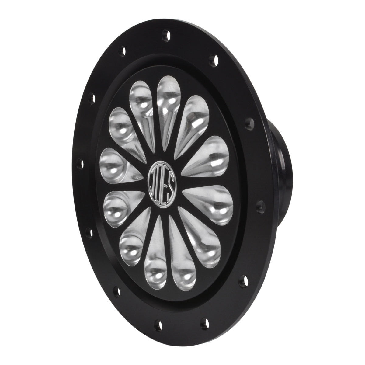 JOES Star Pattern Filler Cap - Flush Remote Mount - 12-Bolt Flange - 2-1/4 in Hose Barb - Black/Machined