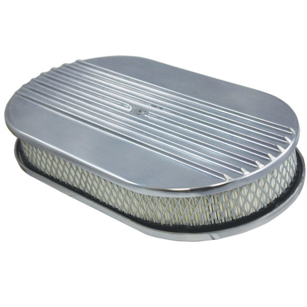 Specialty Products Half Finned Air Cleaner Assembly - 15 in Oval - 2 in Element - 5-1/8 in Carb Flange - Flat Base - Polished