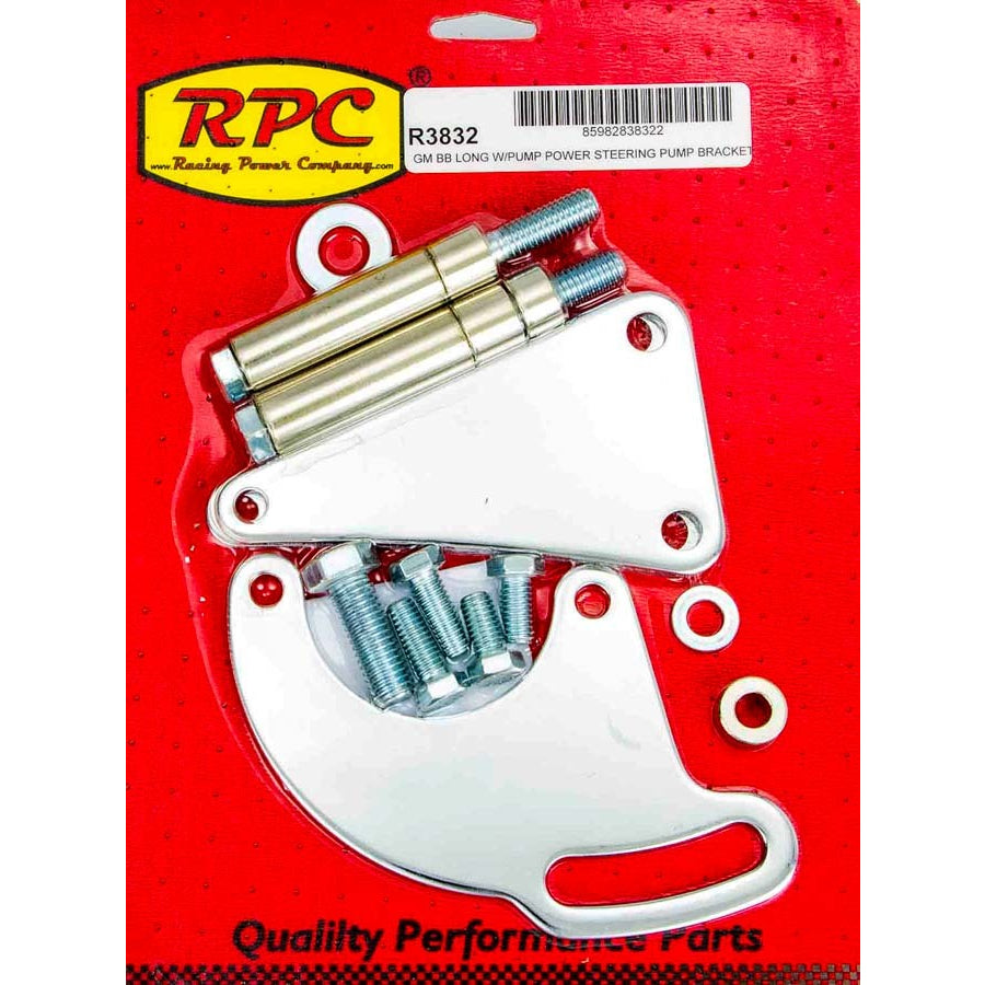 Racing Power Driver Side Power Steering Pump Bracket Block Mount Steel Chrome - Long Water Pump - Big Block Chevy - Kit