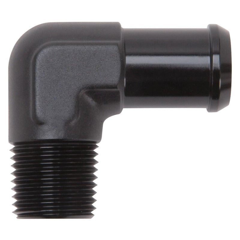 Edelbrock Hose End 90-deg 1/2npt to 3/4 Barb Black