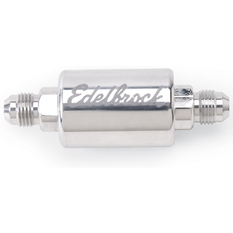Edelbrock High Flow In-Line Fuel Filter - 40 Micron - Stainless Element - 6 AN Male Inlet - 6 AN Male Outlet - Polished