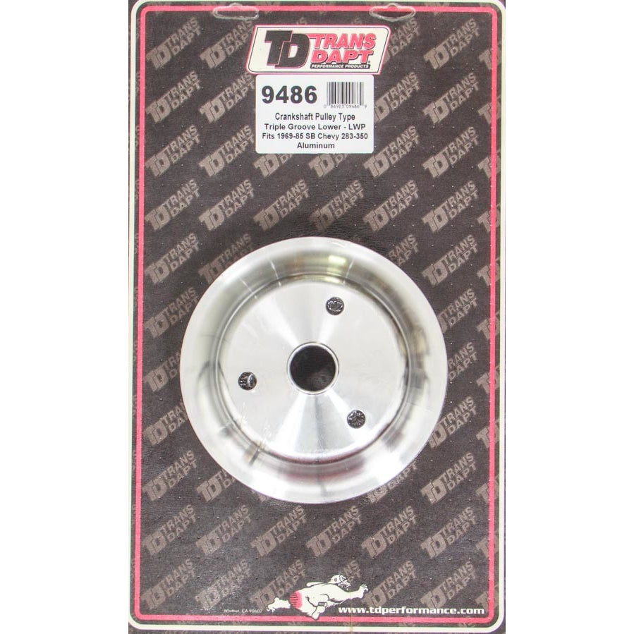 Trans-Dapt V-Belt 3 Groove Crankshaft Pulley - 6.563 in Diameter - Machined Aluminum - Long Water Pump - Small Block Chevy