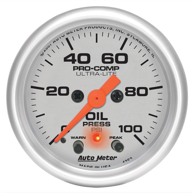 Auto Meter 2-1/16" Ultra-Lite Electric Oil Pressure Gauge w/ Peak Memory & Warning - 0-100 PSI