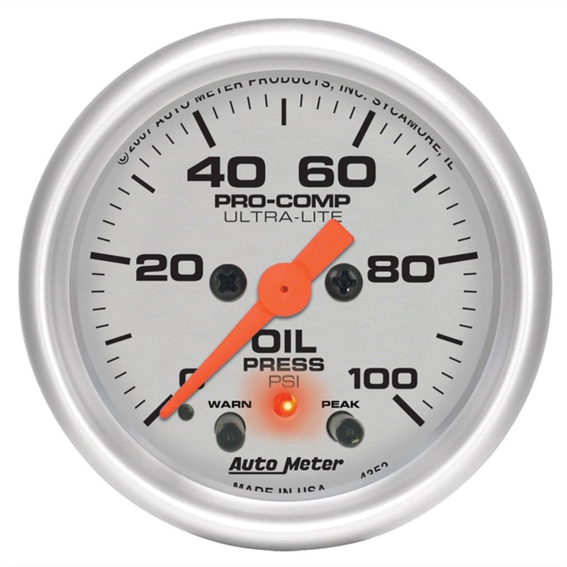 Auto Meter 2-1/16" Ultra-Lite Electric Oil Pressure Gauge w/ Peak Memory & Warning - 0-100 PSI