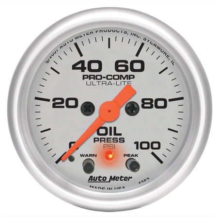 Auto Meter 2-1/16" Ultra-Lite Electric Oil Pressure Gauge w/ Peak Memory & Warning - 0-100 PSI