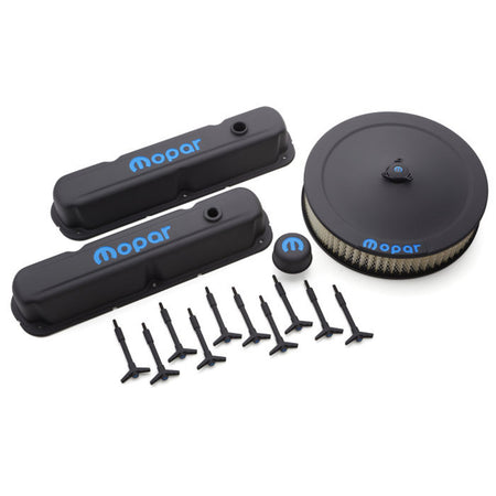 Proform Engine Dress Up Kit - Recessed Blue Mopar Logo - Steel - Black Crinkle - Small Block Mopar