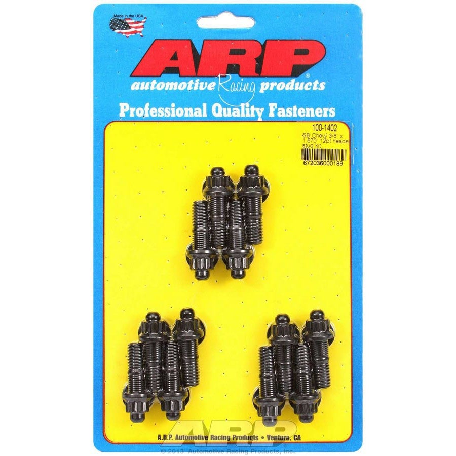 ARP Header Stud Kit - 12Pt. - 3/8" x 1.670" OAL (12) Header Fasteners, Studs, External 12-Point, Custom 450, Black Oxide, Chevy, SB