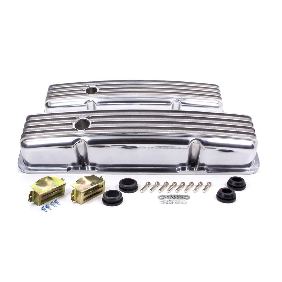 Racing Power Short Valve Cover - 2.563 in Height - Baffled - Breather Holes - Full Finned - Polished - Small Block Chevy - Pair