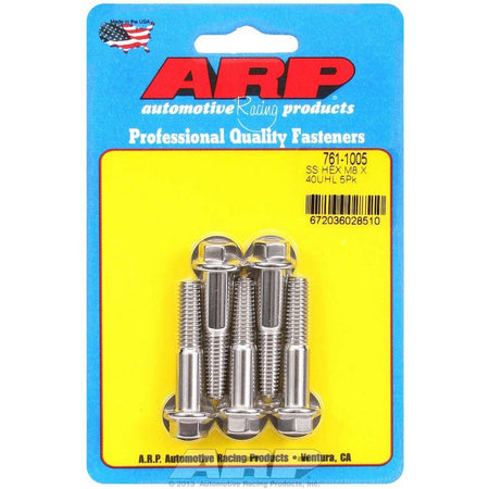 ARP Hex Head Bolt - 8 mm x 1.25 Thread - 40 mm Long - 10 mm Head - Stainless - Polished (Set of 5)