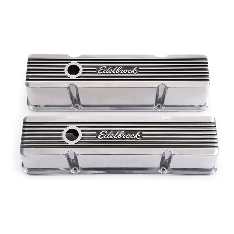 Edelbrock Elite II Tall Valve Cover - Baffled - Breather Hole - Edelbrock Logo - Polished - Small Block Chevy - Pair