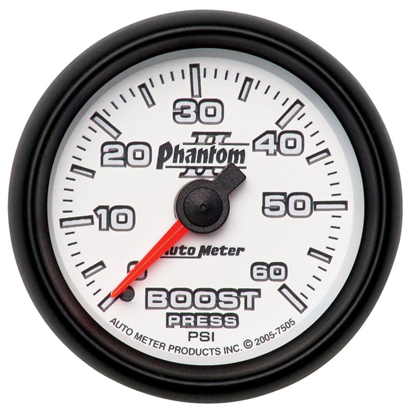 Auto Meter Phantom II 0-60 psi Boost Gauge - Mechanical - Analog - 2-1/16 in Diameter - White Face