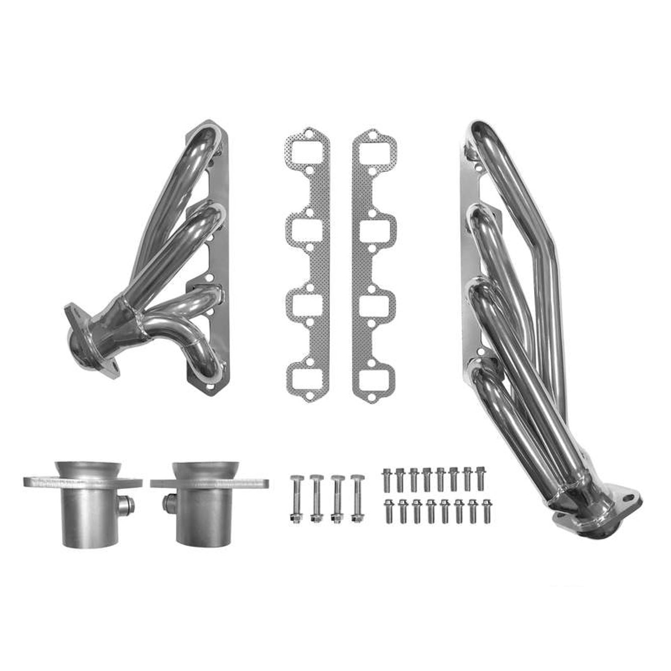 Drake Muscle Cars Shorty Headers - 1-1/2 in Primary - 2-1/2 in Collector - Silver Ceramic - Ford Fullsize SUV 1966-77 (Pair)