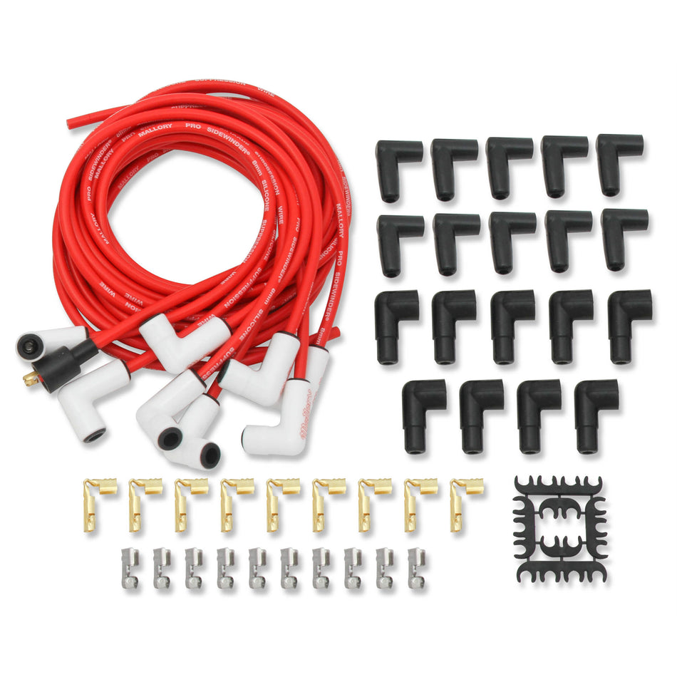 Mallory Pro Sidewinder Spiral Core 8 mm Spark Plug Wire Set - Red - 90 Degree Plug Boots - HEI / Socket Style - Universal