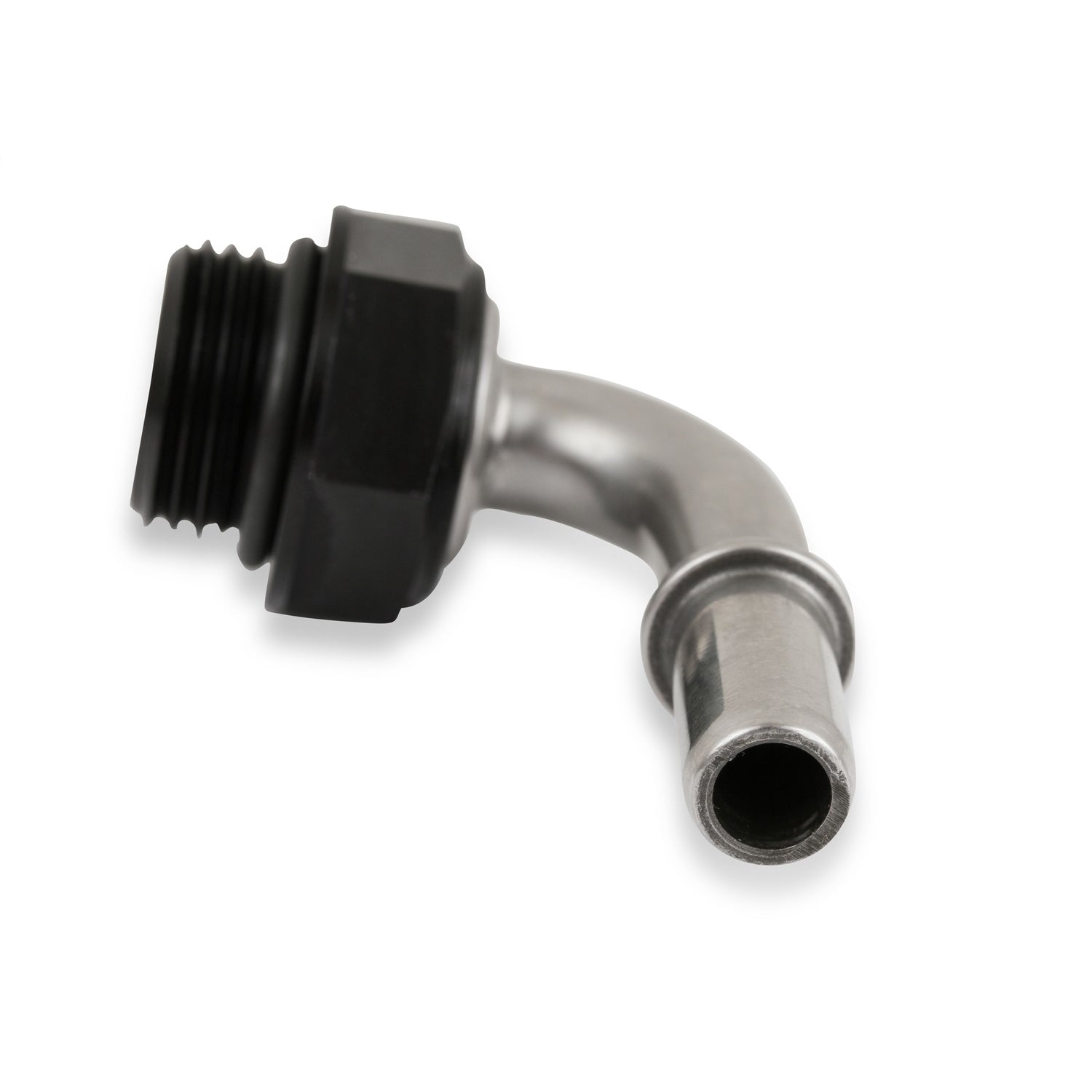 Earl's Fuel Line Adapter Fitting - 90 Degree - 3/8" SAE Male Quick Disconnect to 8 AN ORB - Stainless - Aluminum - Black