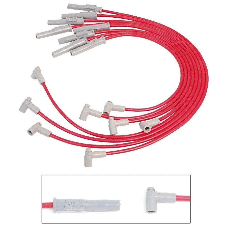 MSD Super Conductor Spiral Core 8.5 mm Spark Plug Wire Set - Red - Straight Plug Boots - HEI Style Terminal - Big Block Ford / Cleveland / Modified