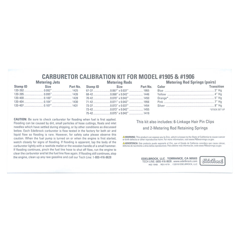 Edelbrock Carburetor Calibration Kit - Edelbrock Thunder AVS2 Carburetors