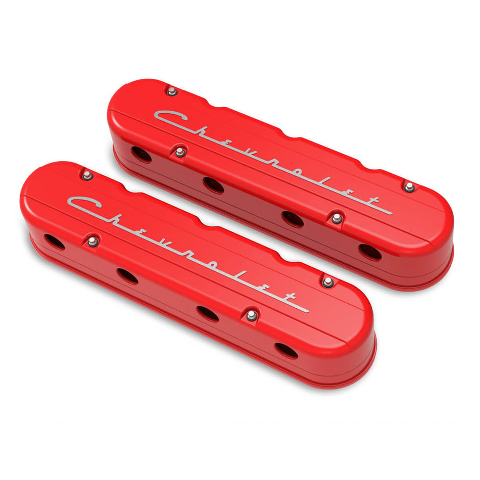 Holley Stock Height Valve Cover - Chevrolet Script - Aluminum - Red - GM LS-Series - (Pair)